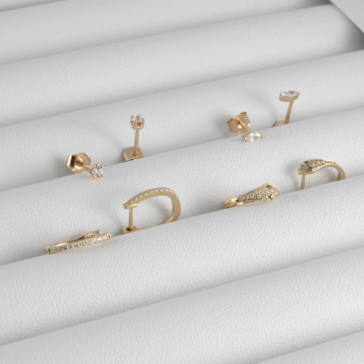 18K Solid Gold Diamond Snake Earrings | 0.1ct SI H-I Diamonds & 0.04ct Emeralds